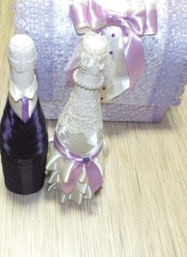 Оформление бутылок шампанского "Жених" и "Невеста" в сиреневом цвете за пару ( 2 шт).