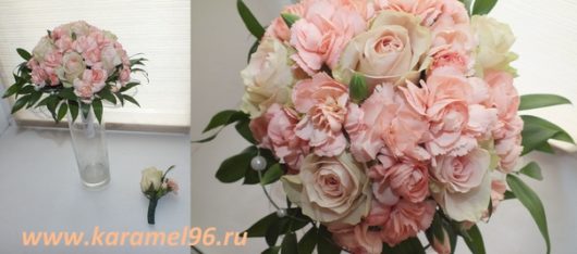 Букет невесты из роз и персиковых гвоздик