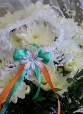 Подвязка невесты белая с мятной и персиковой ленточкой