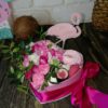 Цветочная композиция с конфетами и зефиром в коробке в форме сердца "Розовый фламинго"