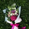 Цветочная композиция с гортензией, эустомой, розами и зеленью в форме букета "Любви и счастья"
