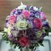 Букет невесты с розовыми и белыми  розами и белой-сиреневой  эустомой  с бутоньеркой для жениха