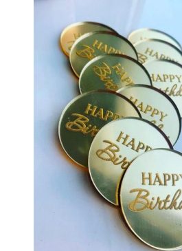 Топпер "Happy Birthday" из зеркального оргстекла цвет золото диаметр 4,5 см (10 шт)